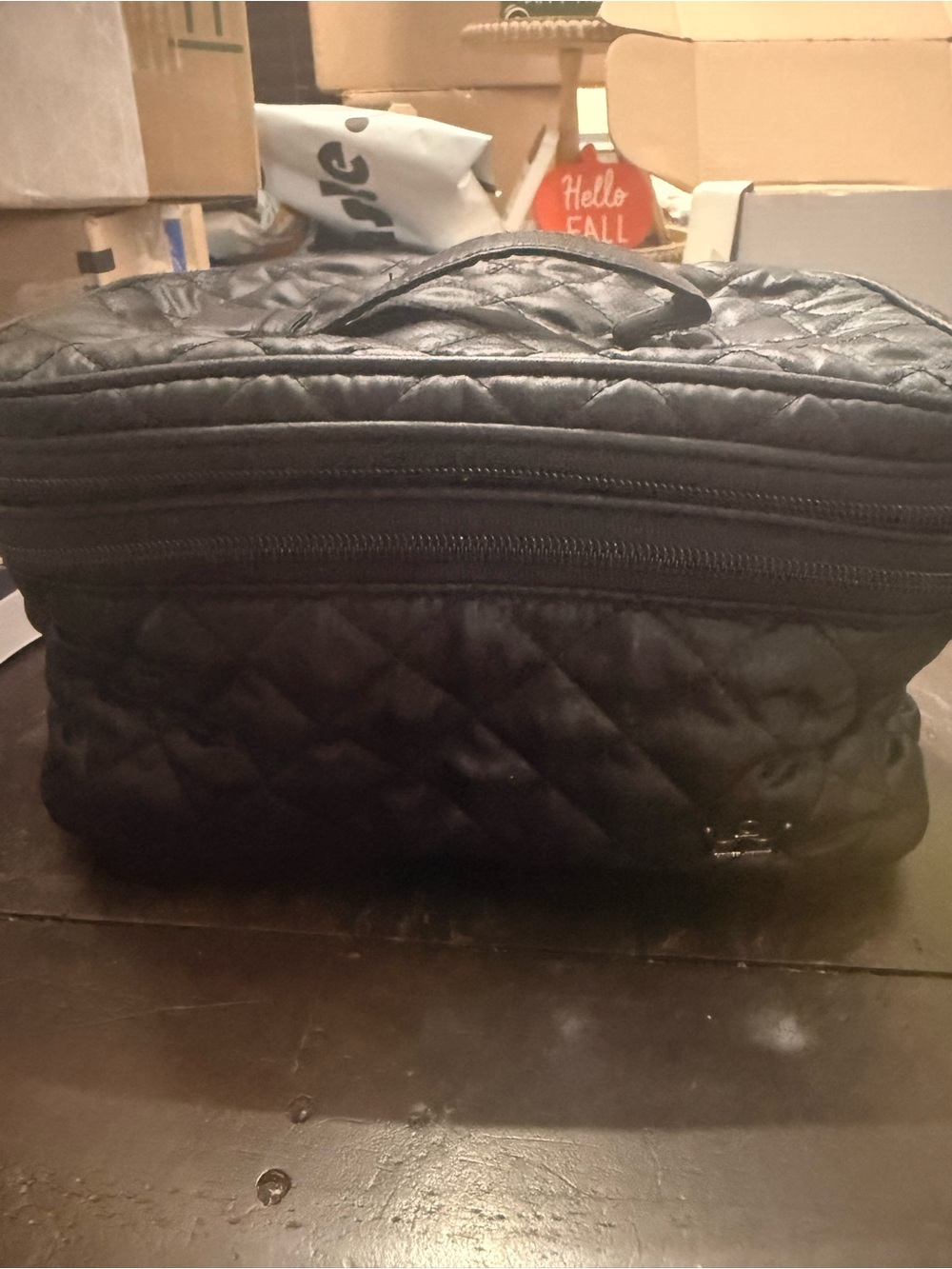 Oliver Thomas Quilted Black Cosmetic Case with Top Handle
